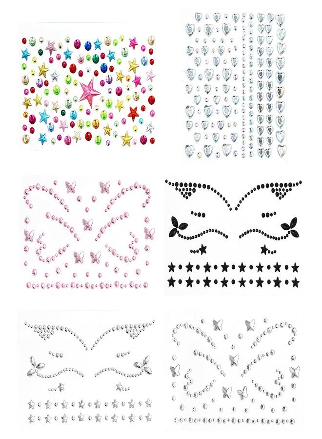 Aroncent Face Gems Stickers Self-Adhesive: 6 Sheets Rhinestone Face Jewels for Halloween Makeup Festival Party - Butterfly Star Pattern Facial Gems for Women - Image 1
